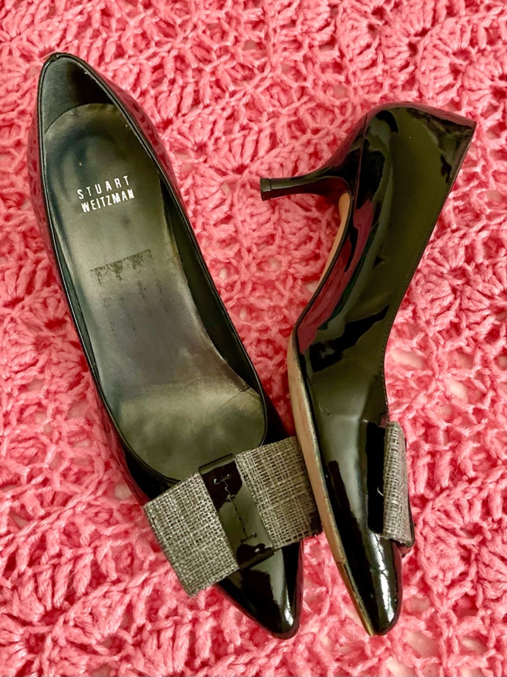 Stuart Weitzman Black Patent Pointed Toe Flats with Gray Bow Accent